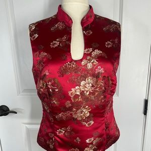 Escape Size 12, Red with Gold Flowers, Round V Neck, No Sleeve, Back Zipper Top